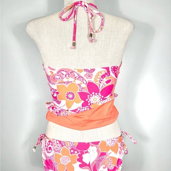 Old Navy Vintage Y2K Mod Pink and Orange Floral Halter Bandeau Tankini Set - Picture 5 of 10